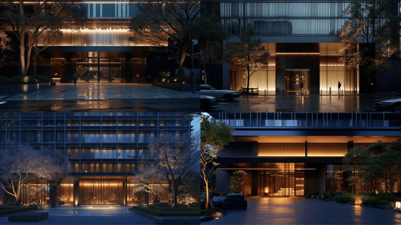 画像生成AIが生成したHerzog&deMueronが設計したホテルの外観アウトプット